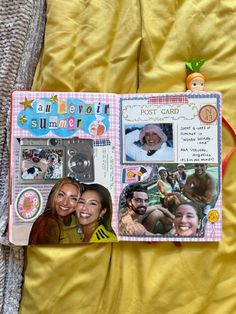 an open scrapbook with pictures of people on it and a card attached to the cover