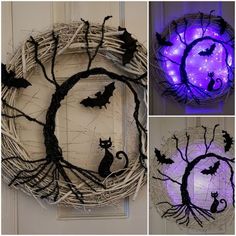 four different pictures of halloween decorations with bats and cats in the center, on top of a white door