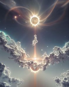 the sun is shining brightly in the sky above some clouds and stars, as well as an object that appears to be flying through the air