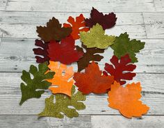 autumn leaves are laid out on a wooden floor with white boards in the background and wood planks behind them