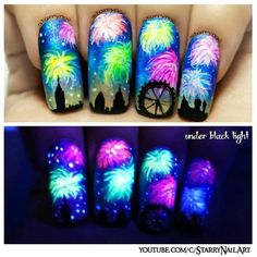 Firework Nails, Freehand Nail Art, Neon Nail Designs, New Years Eve Nails, Cute Acrylic Nail Designs, Beautiful Nail Art