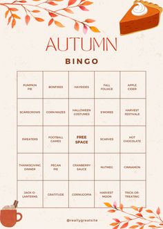 a printable autumn bingo game with an image of a piece of pie