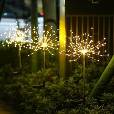 some lights that are in the grass near trees and bushes with plants growing out of them