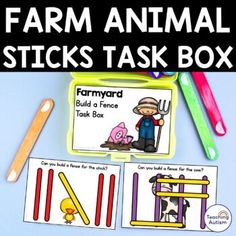 farm animal sticks task box with the words farm animals on it and pictures of farm animals