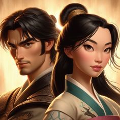 an animated image of two people dressed in traditional chinese clothing, one with long black hair and the other with brown eyes