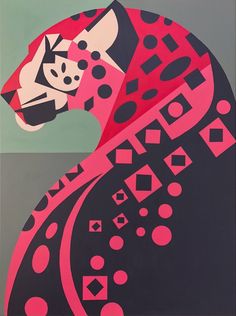 an abstract painting of a dog in pink and black