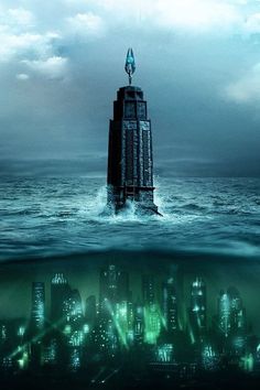 an image of a city in the middle of the ocean with water and sky above it