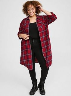 FIT Model is 5'10” wearing size 1. . Measures 46” from shoulder (size 2). Oversized silhouette. . MATERIALS + CARE Flannel gauze woven fabric. . 75% rayon, 23% polyester, 2% spandex. Machine wash cold. Tumble dry low. . Imported. DETAILS Collared neckline. Long sleeves. The best plus size women's Flannel Gauze Oversized Shacket Outerwear in nami plaid rhubarb made of flannel. Torrid is your destination for cozy fall and winter clothes to keep you warm and comfortable. Plus Size Women’s Fall Fashion, Fall 2024 Fashion Trends Plus Size, Plus Size Fall Fashion 2024, Plus Size Flannel Outfits, Plus Size Women Outfits, Oversized Shacket, Plus Size Fashionista, Red Plaid Flannel, Kimono Wrap