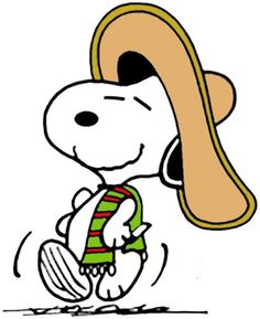 a cartoon dog with a hat on his head and striped shirt, standing in front of a