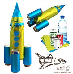 an assortment of items are shown including rockets, cans and water bottles with labels on them