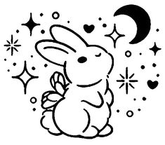 a rabbit sitting on the ground with stars and moon in the background