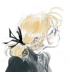 a drawing of a woman with blonde hair and a black bow on her head, looking to the side