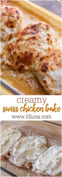 some chicken is sitting in a pan with sauce on it and another photo has the words creamy swiss chicken bake