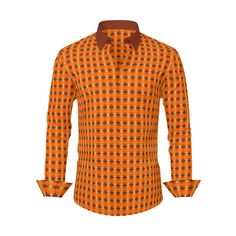 Step into a fusion of 60s and 70s style with our Vintage-inspired Orange Brown Shirt for Men. Embrace the free-spirited vibes of the 70s with our Hippie Shirt, meticulously designed to capture the essence of the era. Our 70s Clothing for Men collection brings a unique blend of nostalgia and timeless style, offering a trip down memory lane.Indulge in the groovy charm of our Hipster Shirt for Men, featuring long sleeves and a no-pocket design for a sleek and modern silhouette. Crafted from 100% po Fitted Brown Shirt With Casual Collar, Brown Fitted Shirt With Casual Collar, Fitted Orange Cotton Shirt, Spring Brown Shirt With Retro Print, Orange Fitted Collared Shirt, Fitted Orange Collared Shirt, Fitted Collared Orange Shirt, Retro Cotton Shirt With Collared Neckline, Retro Orange Cotton Shirt