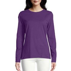 This lightweight Hanes women's tee keeps you comfortable so you can focus on your workout—not your activewear.Closure Type: Pullover HeadFit: Modern FitNeckline: Crew NeckSleeve Length: Long SleeveFiber Content: 100% CottonFabric Description: JerseyCare: Tumble DryCountry of Origin: Imported Purple Workout T-shirt, Purple Long Sleeve, Large Shirts, Beautiful Dogs, Women Long Sleeve, Long Sleeve T Shirt, Neck T Shirt, Womens Tees, Shirts Tops