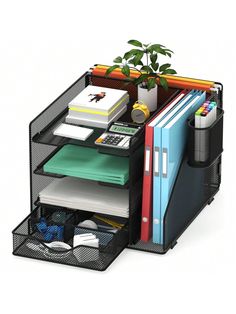 a black desk organizer with books, binders and other office supplies