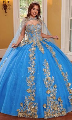 Rachel Allan RQ1111 - Sweetheart Quinceanera Ballgown with Cape Ball Gowns 0 / Azure Gold Gold Quinceanera Dress With Fitted Bodice, Embellished Gold Ball Gown For Quinceanera, Gold Embellished Ball Gown For Quinceanera, Gold Gown With Sweetheart Neckline For Quinceanera, Royal Ball Gown For Quinceanera, Blue Glitter Tulle Gown For Wedding, Blue Glitter Tulle Ball Gown, Princess Quinceanera Dress With Sequins, Gold Tulle Ball Gown For Quinceanera