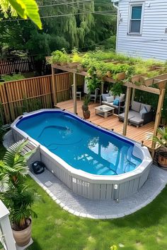 an above ground swimming pool in a backyard