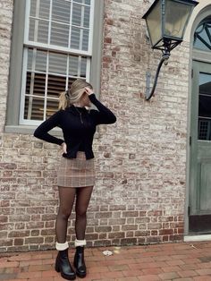 Fall Skirt And Dress Outfits, Fall Fits Dresses, Dresses With Stockings Outfit Fall, 12 Pubs Of Christmas Outfit, Post 16 Outfits, Brown Turtle Neck Outfits, Fall Outfits With Panty Hose, Womens Tights With Dresses, Brown Skater Skirt Outfit