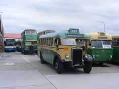 several buses are lined up on the street