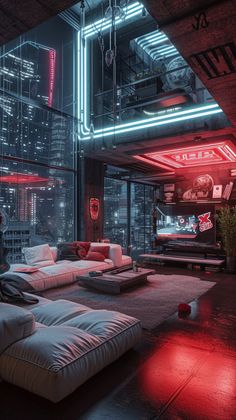 a living room filled with lots of furniture and neon lights on the ceiling above it