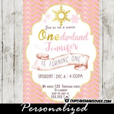 a pink and gold snowflake birthday party card with the word onederland jenny is turning one on it