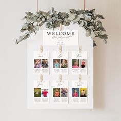 a welcome sign hanging on a wall next to a potted plant with eucalyptus leaves