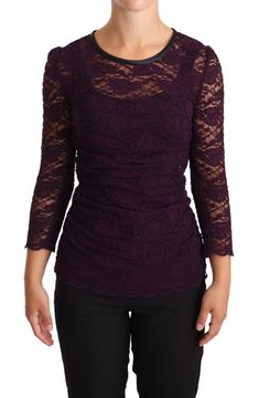 Dolce & Gabbana Purple Lace Long Sleeve Top Blouse Purple Lace Top, Lace Long Sleeve Top, Lace Blouse Long Sleeve, Purple Logo, Lace Top Long Sleeve, Lace Long Sleeve, Blouse Material, Purple Lace, Women Long Sleeve Tops