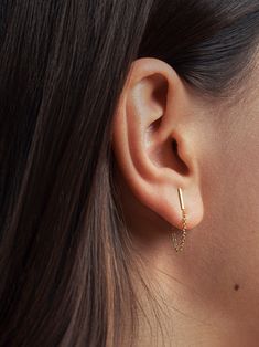 "Stud threader earrings  a minimalist earrings style for everyday use DETAILS * Approximate size : Bar measures 0,31\" (8mm) long x  0,04\" (1mm) thick, Chain length: 1,38\" (35mm), earring drop length: 0.94\"(24mm). * Earring backs are sterling silver scrolls. * Earring post length is 0,4\" (10mm). * Sold as a Pair. * This listing is for a pair of Bar Chain Stud earrings only. MATERIALS Please use the drop-down menu to select your preference: * 24k Yellow Gold Plated * 18k Rose Gold Plated * 92 Classic Pierced Ear Climbers As Gift, Classic Single Ear Climber Earring As Gift, Minimalist Single Plug Earring For Everyday, Simple Linear Earrings For Everyday Wear, Classic Drop Earrings With Delicate Chain, Minimalist Sterling Silver Earrings With Box Chain, Simple Single Dangle Earring, Minimalist Sterling Silver Box Chain Earrings, Classic Sterling Silver Earrings With Delicate Chain