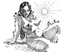 an ink drawing of a woman holding a baby in her lap with the sun behind her