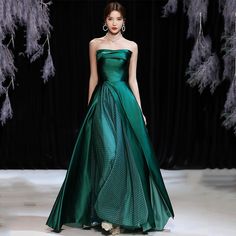 Green Prom Season Gown With Sweep Train, Green Evening Dress With Sweep Train For Prom, Floor-length Green Prom Evening Dress, Green Ball Gown With Sweep Train For Banquet, Green Satin Maxi Dress With Sweep Train, Green A-line Prom Evening Dress, Green A-line Evening Dress For Prom, Green Satin Ball Gown For Prom, Green Evening Dress With Sweep Train For Banquet