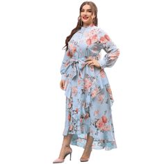 Cap Point Dresses Blue / L Becky Chic Elegant Floral Oversized Long Evening Party Maxi Dress Party Maxi Dress, Autumn Pattern, Plus Size Womens Clothing, Maxi Dress Party, Clothing Material, Elegant Floral, Lantern Sleeve, Maxi Dress Blue, Lantern Sleeves