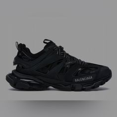 Balenciaga Designer Unisex Sport Track Shoes Black Size 40 Designer Black Sneakers With Translucent Outsole, Designer Black Sneakers With Vibram Sole, Designer Black Sneakers With Boost Midsole, Designer Black Sneakers With Medium Fit, Designer Black Sneakers With Regular Fit, Balenciaga Track Shoes, Shoes Balenciaga, Track Shoes, Balenciaga Track