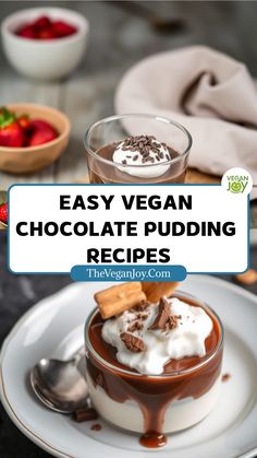 easy vegan chocolate pudding recipe on a plate with spoons and strawberries in the background