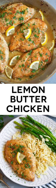 lemon butter chicken with rice and asparagus in a skillet