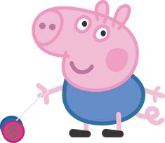 peppa pig holding a ball and spinning it on a string with one hand while the other