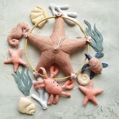 a starfish and other sea creatures are arranged in a circle on a table top