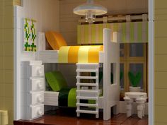 this is a lego model of a bedroom with bunk beds and stairs to the second floor