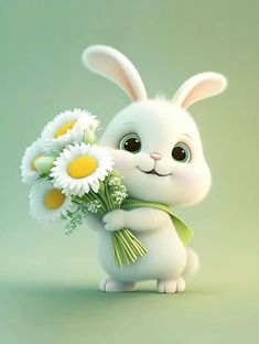 a white rabbit holding some daisies in it's paws