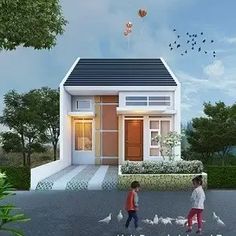 two children are walking in front of a small house with birds flying around the yard