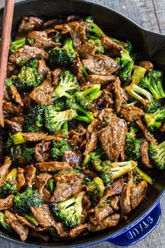 beef and broccoli stir fry in a skillet