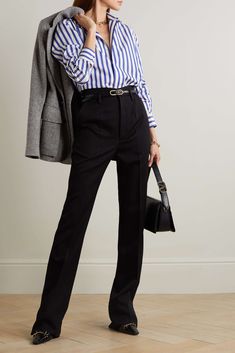 RALPH LAUREN COLLECTION Capri striped cotton-poplin shirt | NET-A-PORTER Gray Blazer Outfit Women Business Attire, Poplin Shirt Outfit, Fashion Samples, Study Outfit, Ralph Lauren Womens Clothing, Blazer Outfits For Women, Striped Shirt Women, Business Casual Shirts, Chic Pants