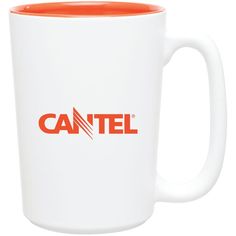 a white and orange coffee mug with the cantel logo on it's side