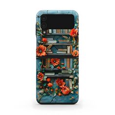 an iphone case with books and flowers on it, all in blue color palettes