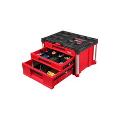 two red tool boxes with tools in them