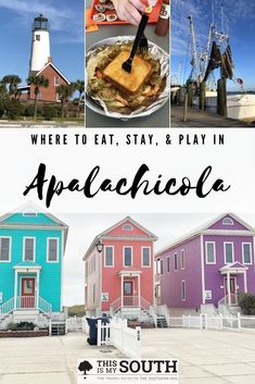 colorful houses with text overlay where to eat, stay and play in appalachioa