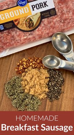 ingredients for homemade breakfast sausage laid out on a cutting board with spoons and ground pork in the background