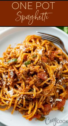 one pot spaghetti with meat and tomato sauce on a white plate, topped with parmesan cheese