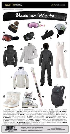 an advertisement for the northway's black or white ski gear line, featuring snowsuits and gloves