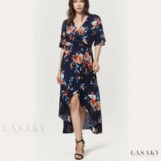 Lasaky - Elegant Floral High-Low Neckline Maxi Dress for Graceful Party Ensembles Short Sleeve Printed Maxi Dress For Parties, Flowy V-neck Floral Party Dress, Casual Maxi Floral Dress For Party, Casual Floral Maxi Dress For Party, Casual Maxi Length Floral Dress For Party, Printed Maxi Length Floral Dress For Party, Printed Floral Maxi Dress For Party, Floral Printed Maxi Dress For Party, Flowy Floral Maxi Dress For Party